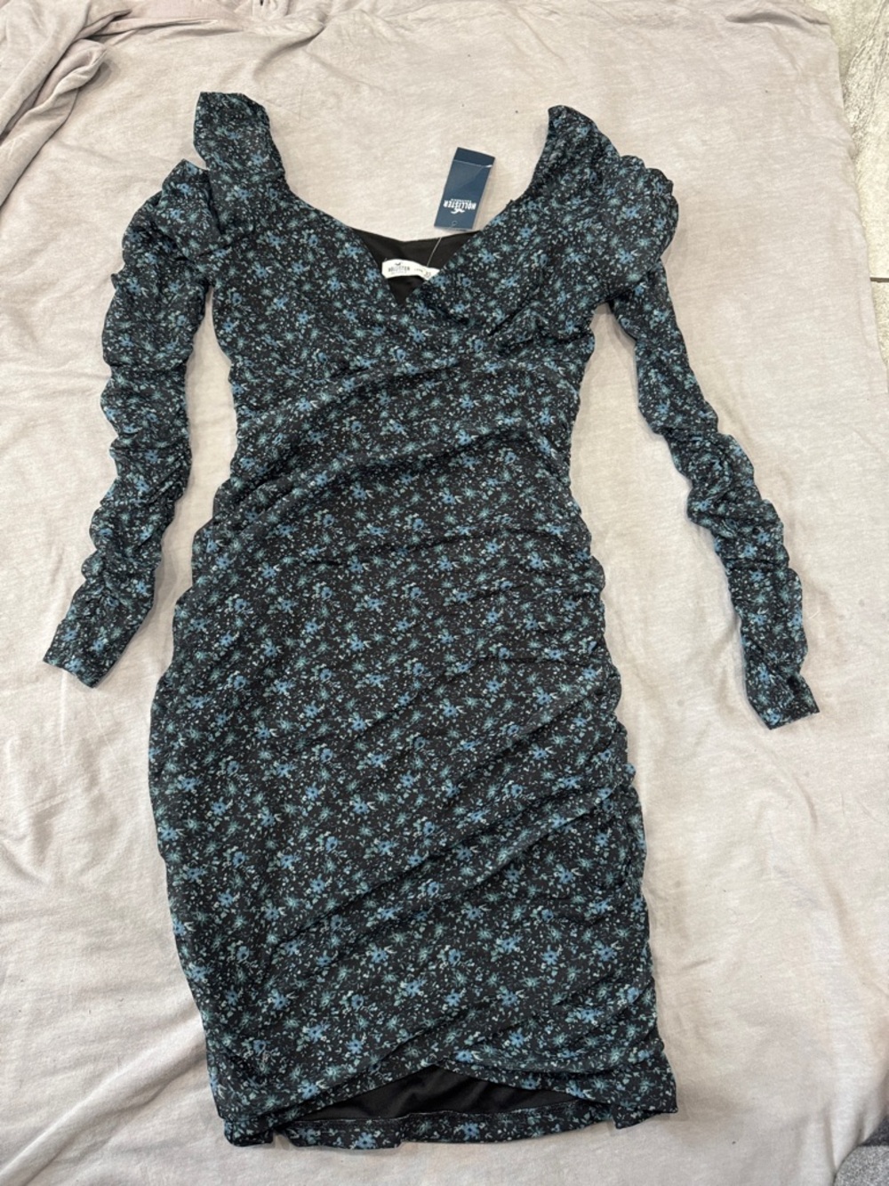 Hollister Black Dress with Light Blue Floral Print, Long Sleeve - XS long